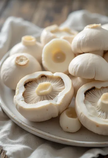 Champignons de Paris blancs émincés sur une planche en bois