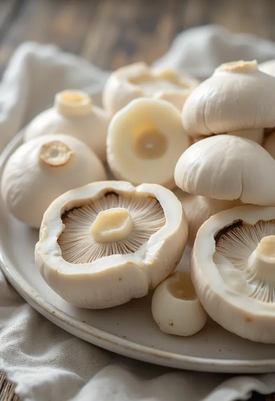 Champignons de Paris blancs émincés sur une planche en bois
