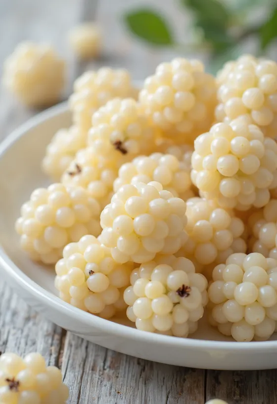 Mûres blanches fraîches (Morus alba) entières et coupées