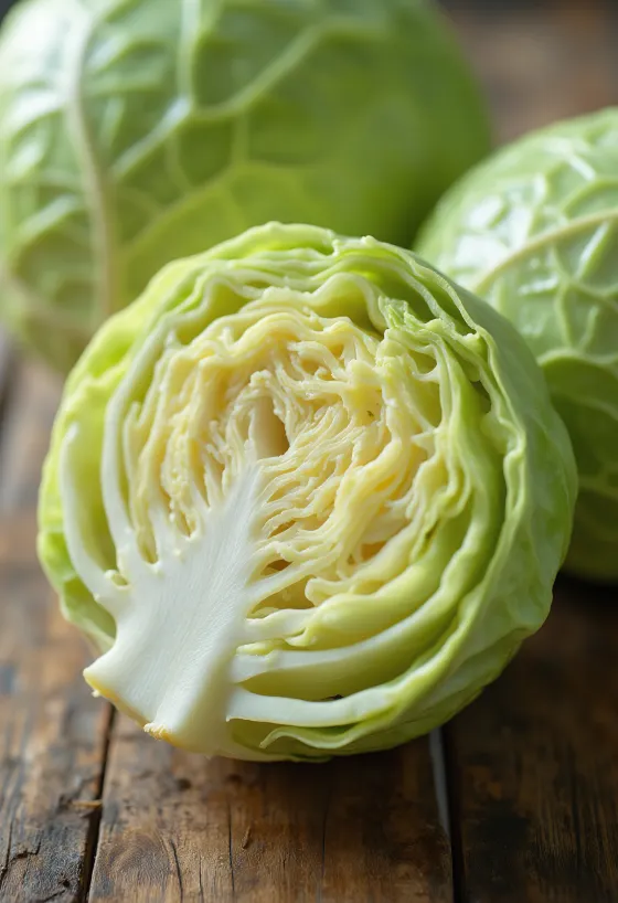 Chou blanc frais entier et coupé sur une table en bois