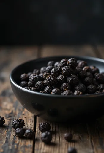 Grains de poivre noir entiers dans une coupelle en bois