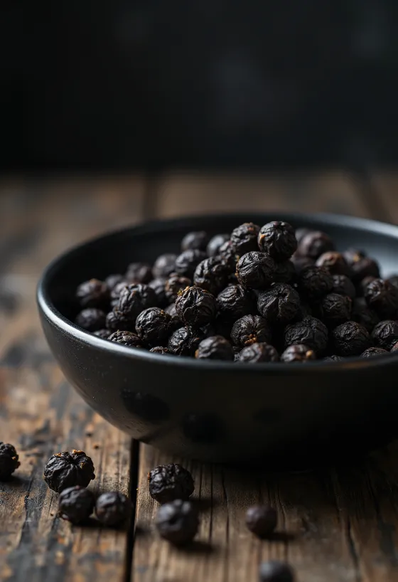 Grains de poivre noir entiers dans une coupelle en bois