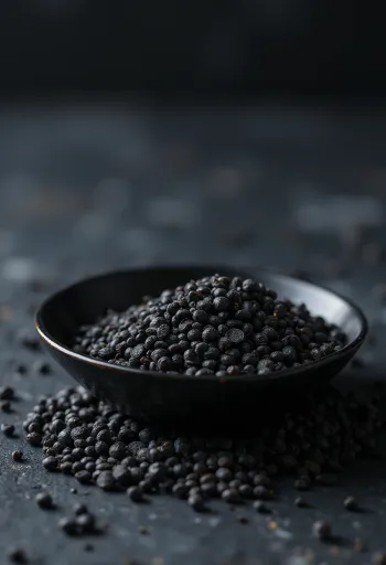 Graines de moutarde noire entières dans un bol sur bois