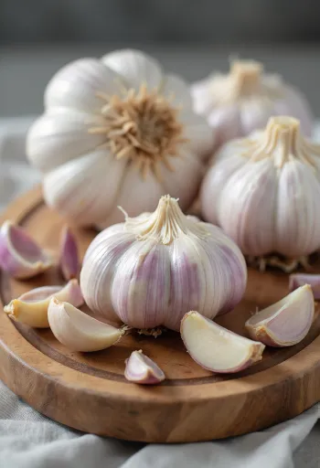 Têtes d'ail entières et gousses épluchées sur surface en bois