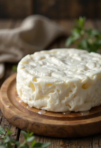 Fromage frais Gomolya blanc et friable dans un bol artisanal