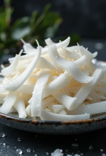 Copeaux de noix de coco frais sur fond blanc