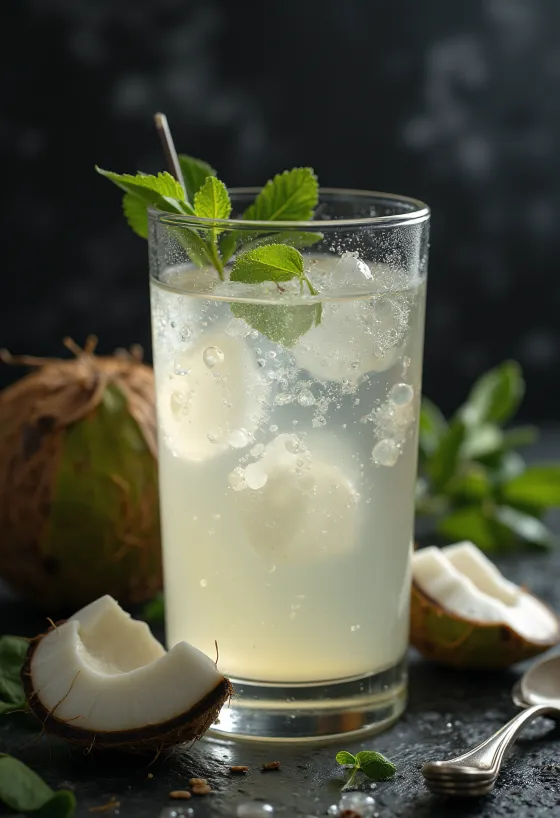 Verre d'eau de coco fraîche avec coquille de noix