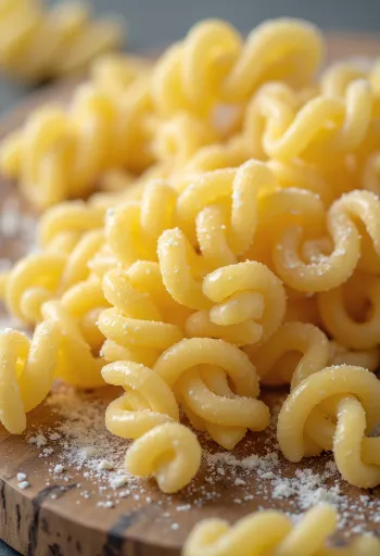 Pâtes fusilli sèches en spirale sur une surface en bois