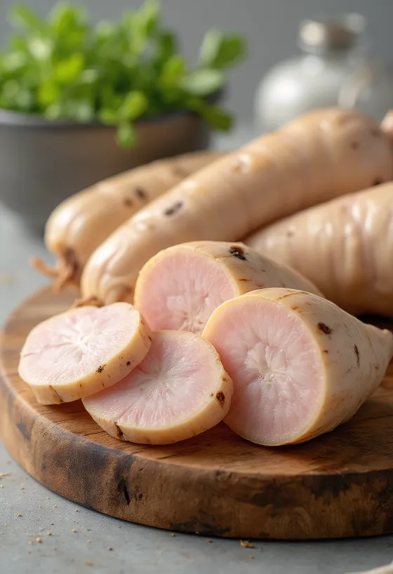 Racine de galanga frais tranchée dans un bol