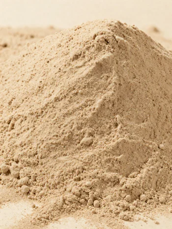 Farine de châtaigne beige clair dans un bol rustique sur surface en bois