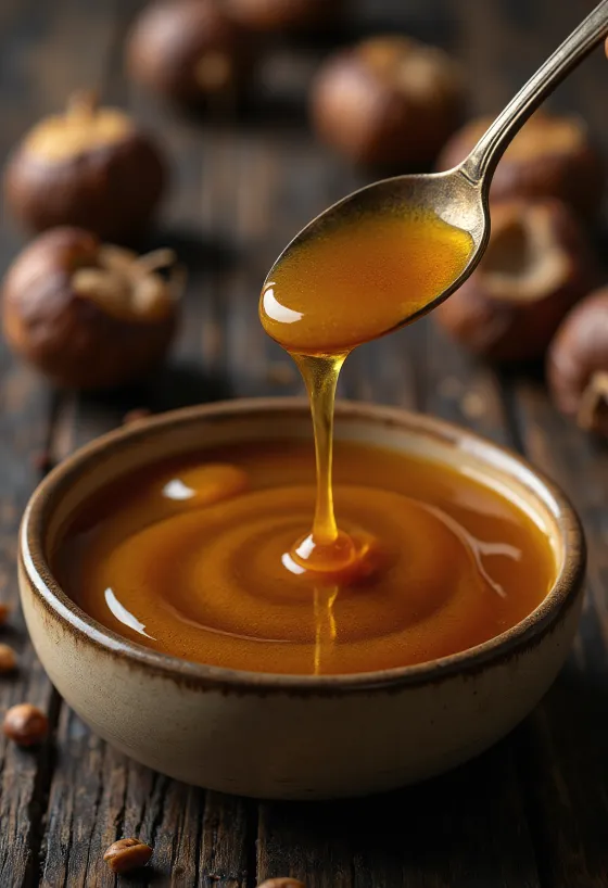 Pot de miel de châtaignier sombre avec cuillère à miel et fleurs