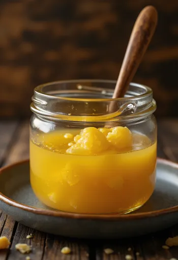 Bocal de Ghee doré avec une cuillère en bois