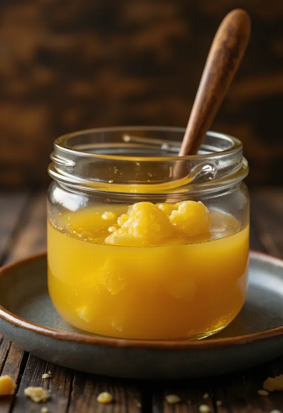 Bocal de Ghee doré avec une cuillère en bois