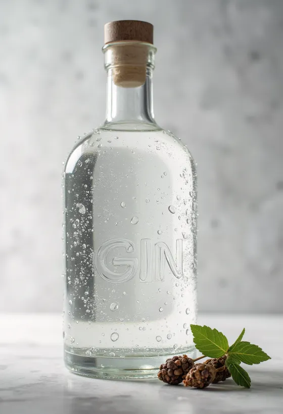 Bouteille de gin et verre avec glaçons, baies de genièvre et épices autour