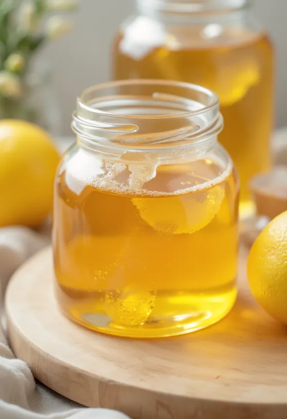 Sirop de glucose épais et transparent dans un petit pot, texture filante