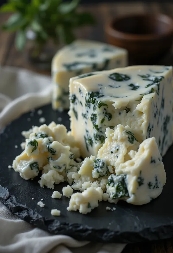 Morceau de Gorgonzola persillé crémeux dans un bol