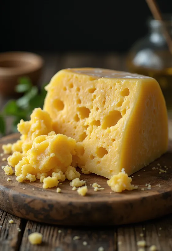 Morceau de Grana Padano granuleux fraîchement coupé