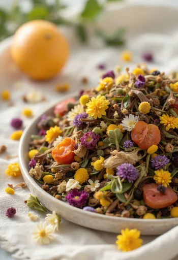 Mélange de plantes séchées pour tisane dans un bol, cuillère en bois