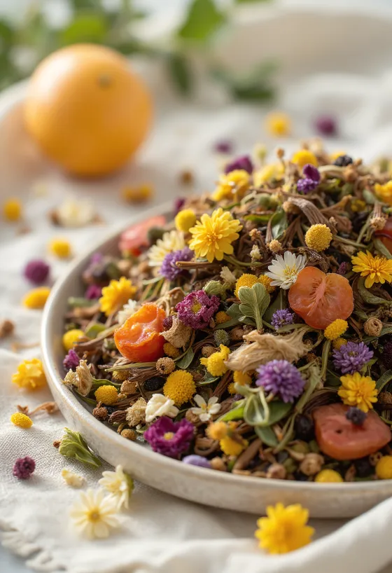 Mélange de plantes séchées pour tisane dans un bol, cuillère en bois