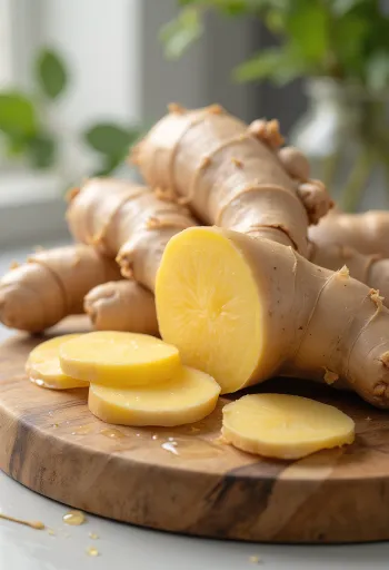 Racine de gingembre fraîche entière et râpée sur bois
