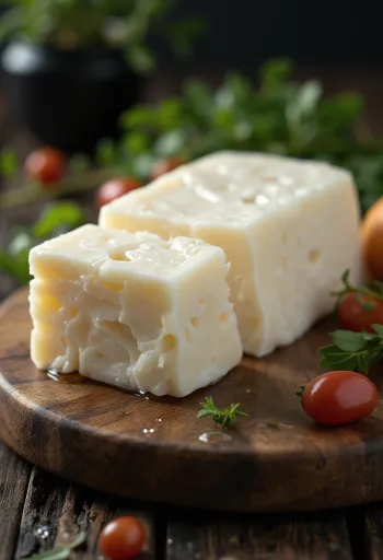 Fromage Halloumi frais dans un bol en céramique blanche sur une table en bois