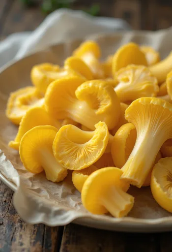Girolles pâles émincées avec persil et ail sur planche