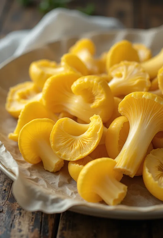 Girolles pâles émincées avec persil et ail sur planche