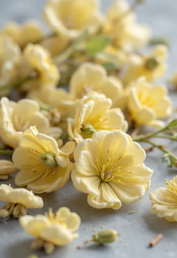 Fleurs de tilleul séchées dans un bol, avec cuillère, ambiance naturelle