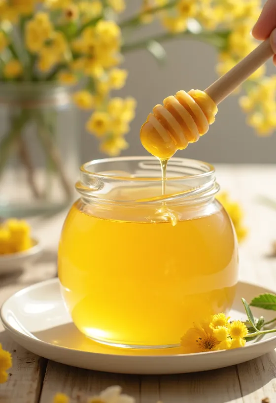 Miel de tilleul clair en pot avec fleurs de tilleul fraîches