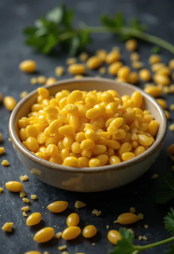 Grains de millet commun, dorés et naturels, en gros plan.