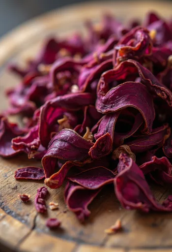 Fleurs d'hibiscus séchées rouges dans un bol, éparpillées sur le plan de travail