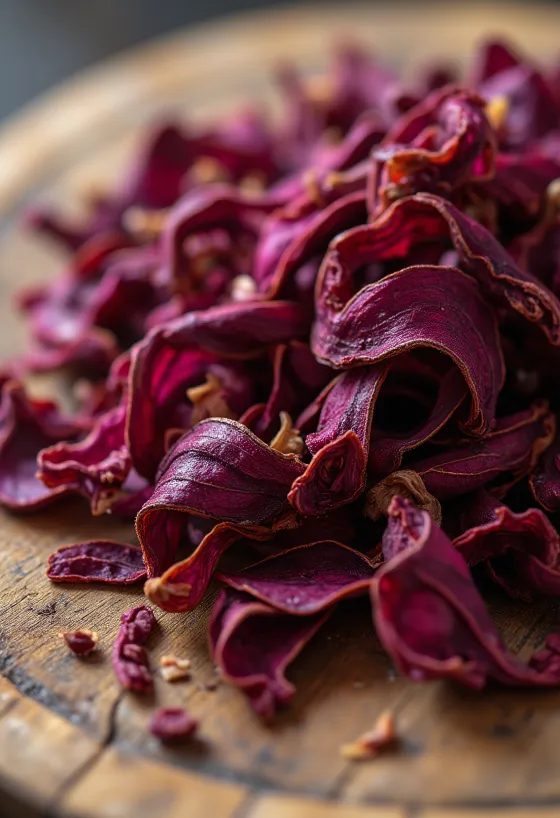 Fleurs d'hibiscus séchées rouges dans un bol, éparpillées sur le plan de travail