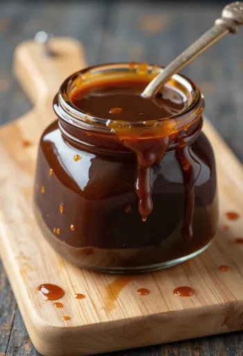 Sauce Hoisin sombre dans un bol, ingrédients : soja, ail, épices, sésame