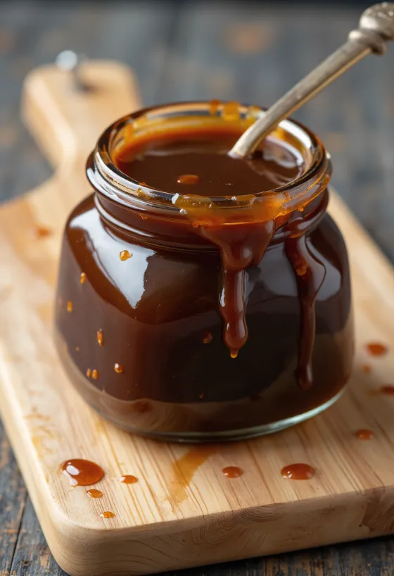 Sauce Hoisin sombre dans un bol, ingrédients : soja, ail, épices, sésame