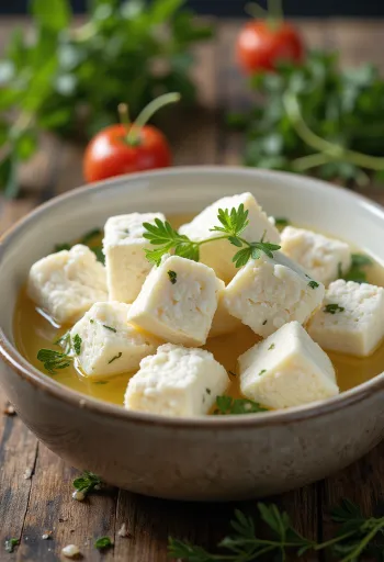 Bloc de Feta de brebis fraîche dans un bol avec saumure