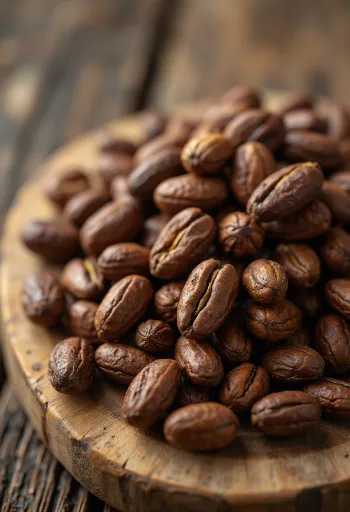 Fèves de cacao fermentées et séchées, coques brisées et éclats sur surface rustique