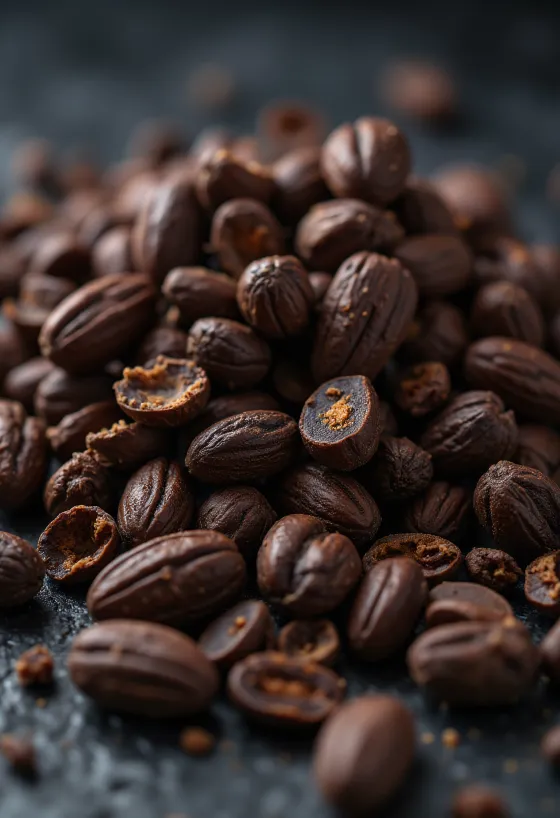 Grué de cacao en éclats dans un bol, ambiance chocolatée rustique