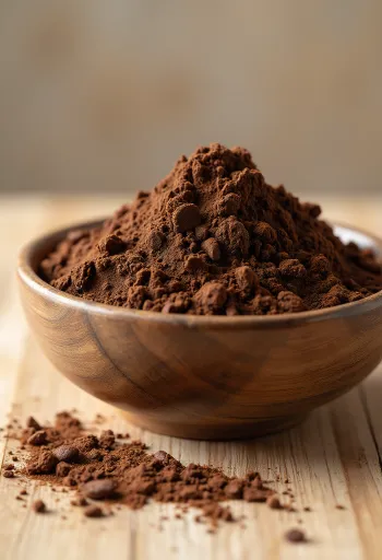 Poudre de cacao fine dans un bol en céramique et cuillère en bois
