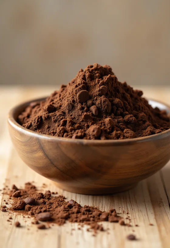 Poudre de cacao fine dans un bol en céramique et cuillère en bois