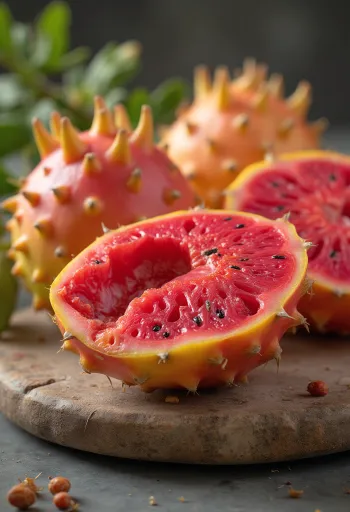 Figues de Barbarie entières et coupées, chair colorée, sur bois