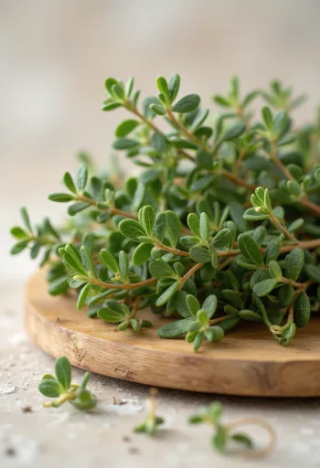 Thym séché en feuilles et en poudre sur surface en bois