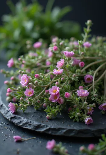 Pétales de fleurs de thym frais sur assiette blanche