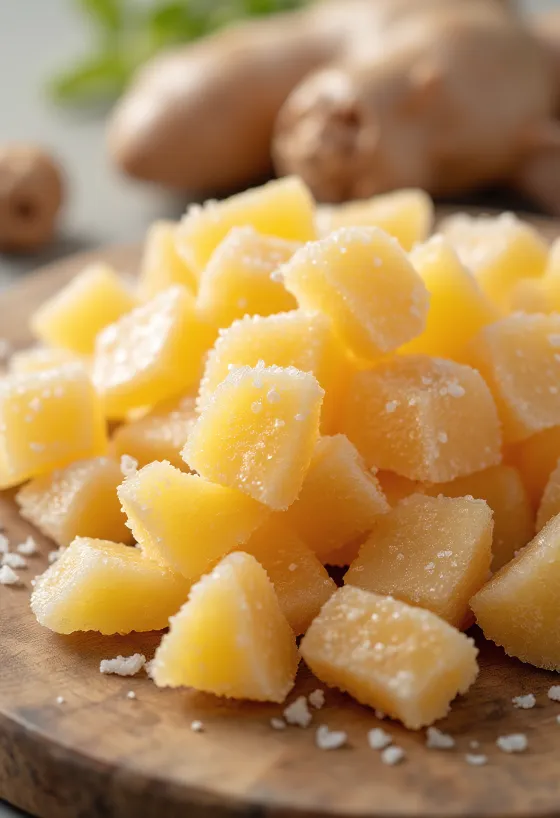 Tranches de gingembre confit au sucre, gingembre frais en arrière-plan