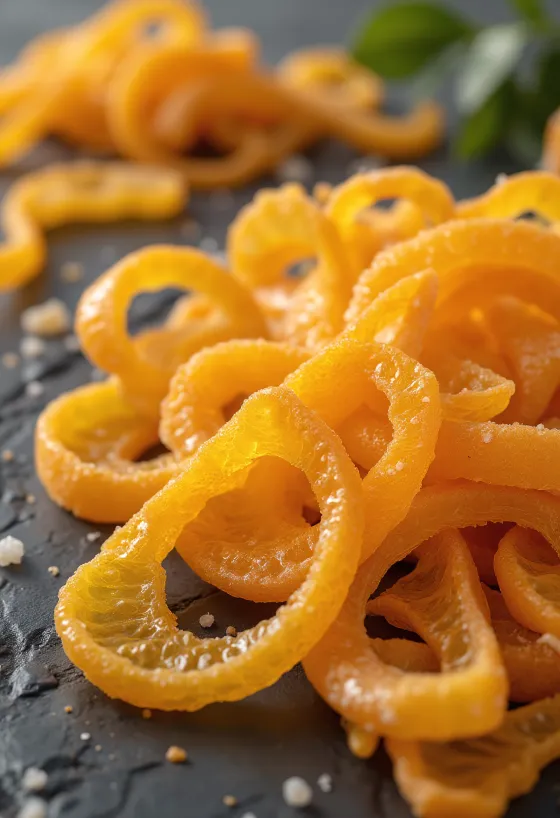 Écorces d'orange confites brillantes, oranges fraîches et sucre