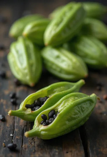 Gousses de cardamome verte et graines noires sur bois