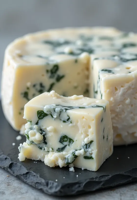 Fromage bleu émietté et tranché sur planche, avec couteau