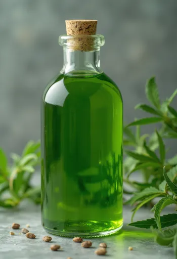 Bouteille d'huile de chanvre et bol de graines, fond naturel