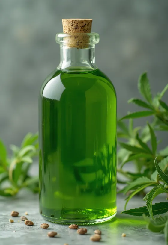 Bouteille d'huile de chanvre et bol de graines, fond naturel