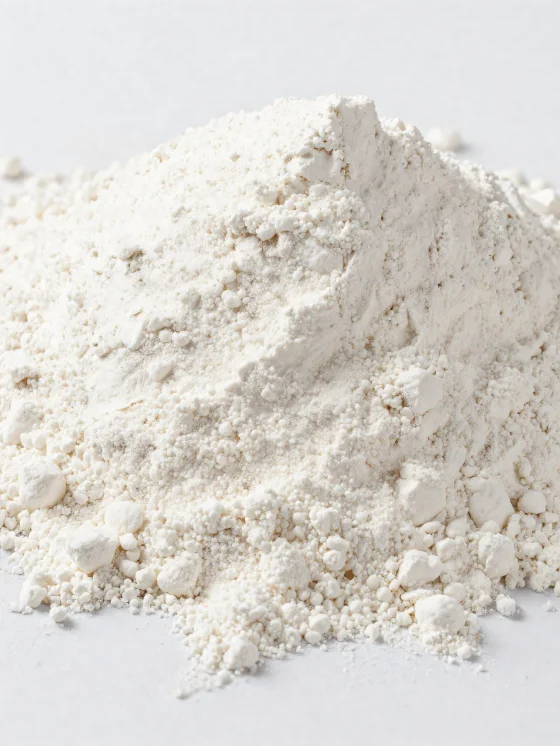 Farine de coco dans un bol en céramique, poudre claire et fine sur bois