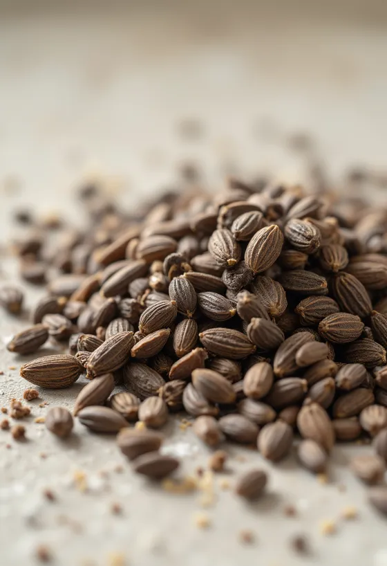 Poudre de cumin et graines entières sur fond chaleureux